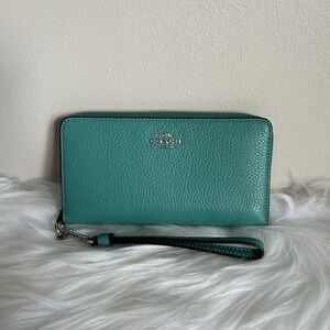 Coach Accordion Zip Wallet Teal Green Pebbled Leather Wristlet Silver Hardware